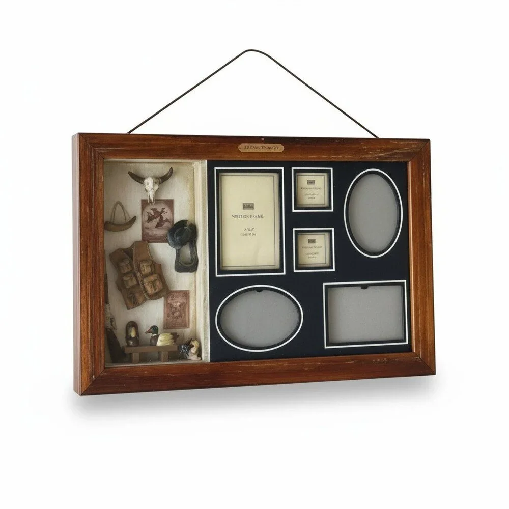 Western Shadow Box Photo Frame  Rustic Cowboy Décor with 6 Picture Openings